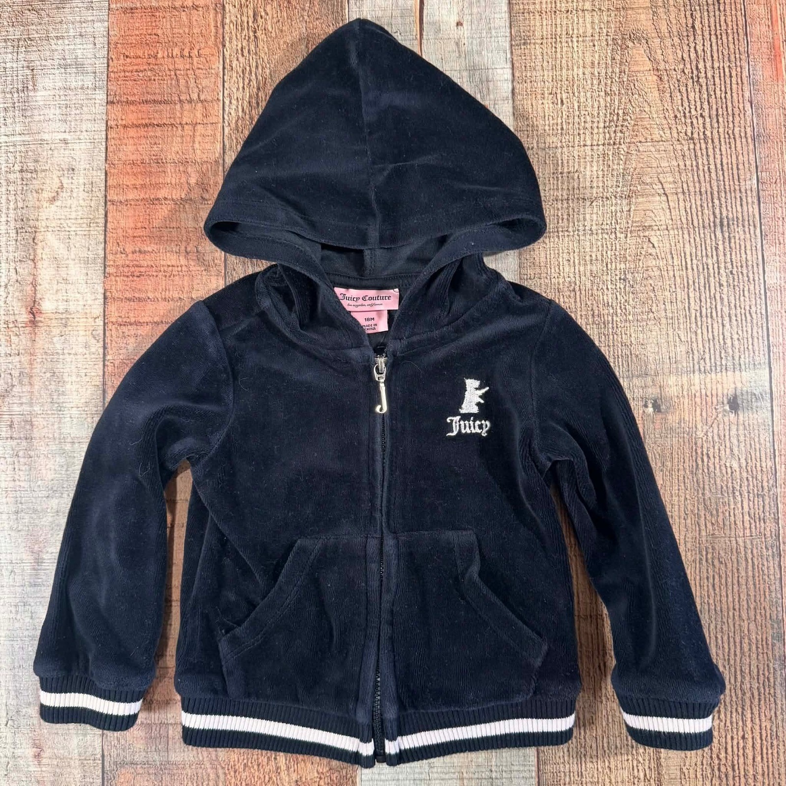 Juicy Couture Toddler Girls 18m Black Velour Rhinestone Zip Up Hoodie Jacket